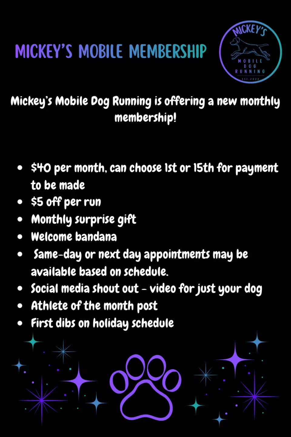 Mickey's Mobile Membership program flyer — pricing tiers and session details